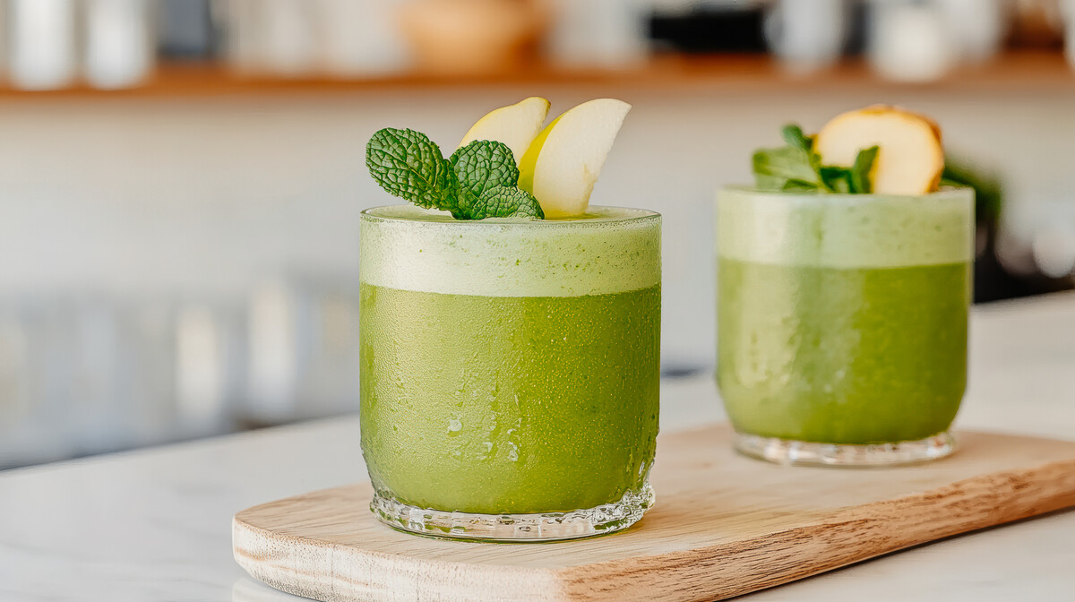 Zwei Gläser leuchtend grüne Smoothies auf einem Holzbrett, garniert mit Minzblättern und Apfelscheiben. Die Umgebung ist gemütlich und einladend.