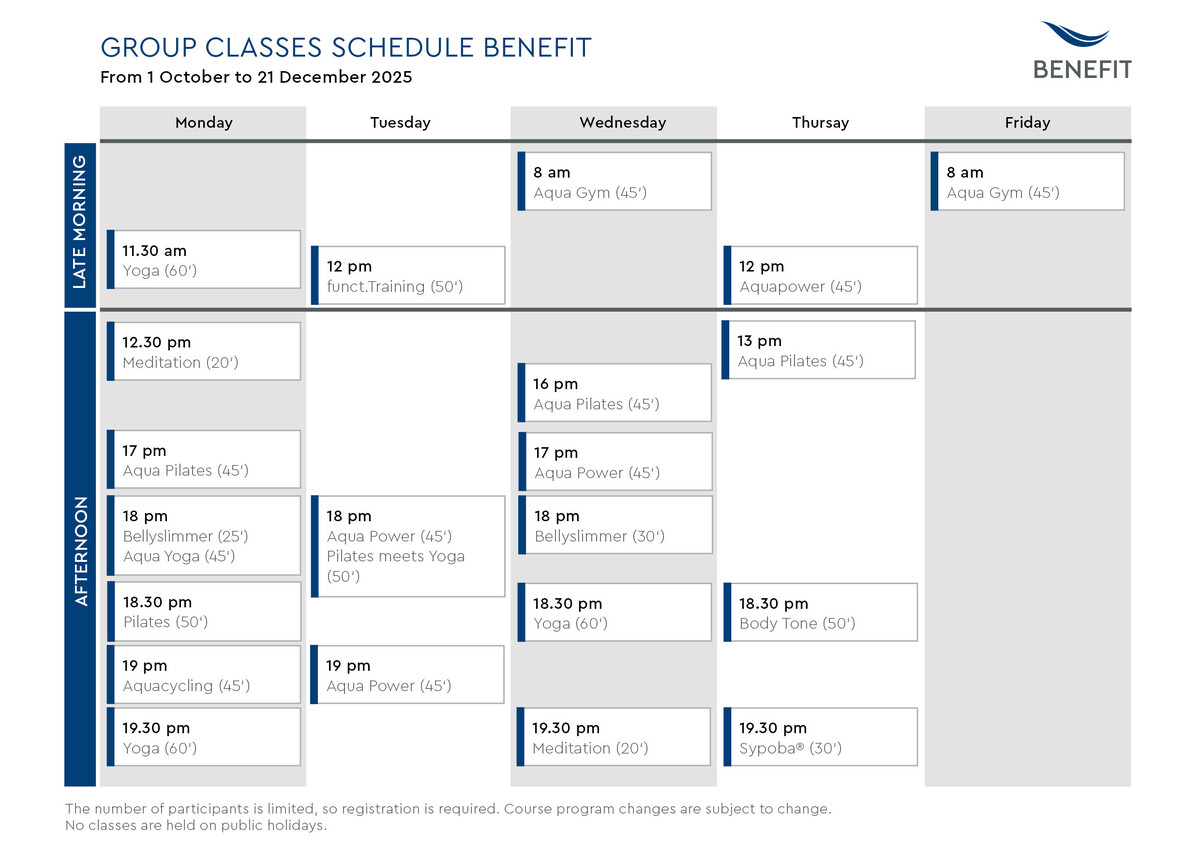 Weekly schedule for the BENEFIT fitness center for October to December 2025, with detailed information on group classes such as yoga, Pilates, and aqua gym. The times from Monday to Friday vary depending on the time of day and type of class.