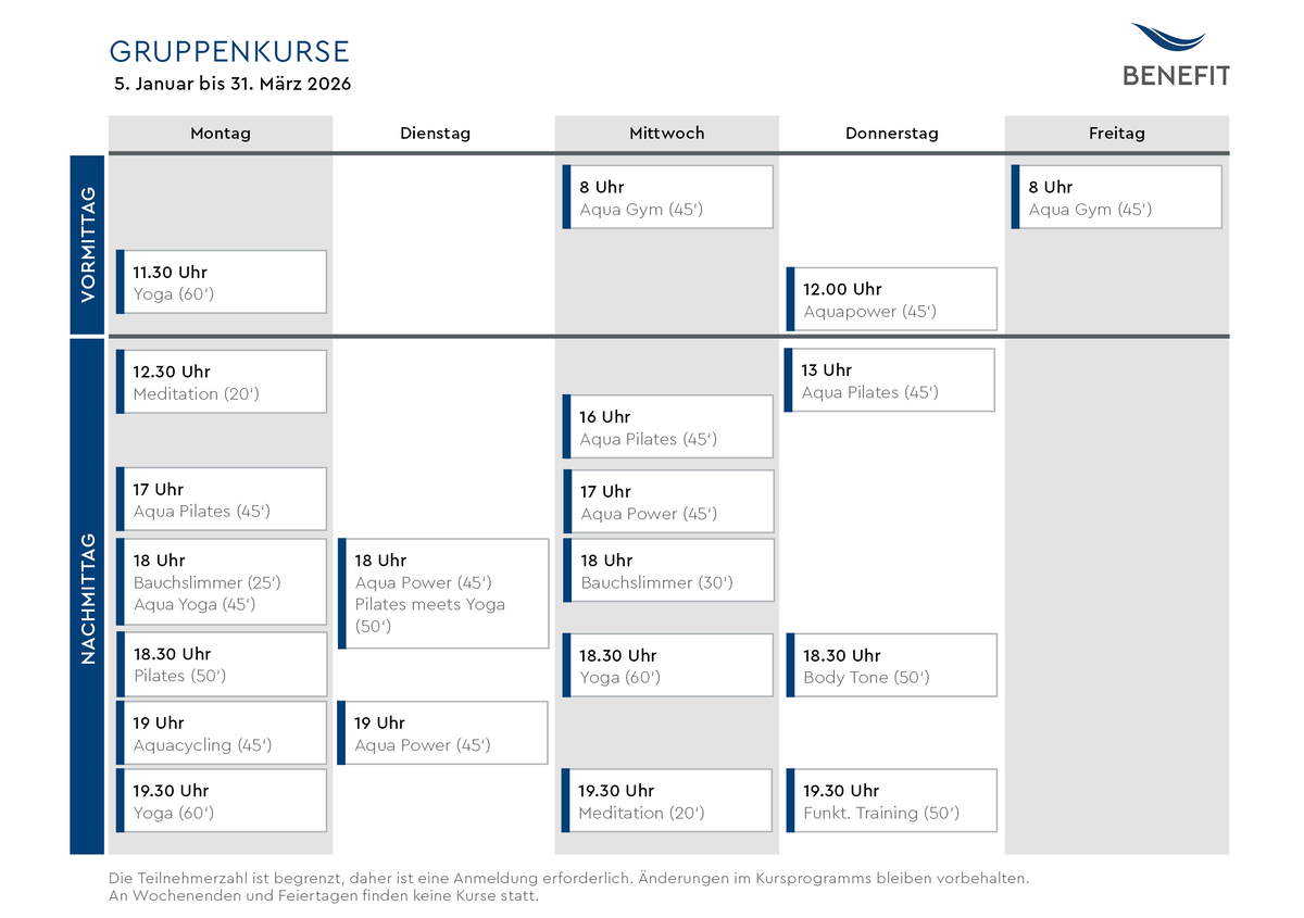 Der wöchentliche BENEFIT Kursplan mit dem Titel „Gruppenkurse” vom 5. Januar bis zum 31. März 2026 umfasst verschiedene Fitnesskurse wie Yoga, Pilates und Aqua-Gym an Wochentagen.