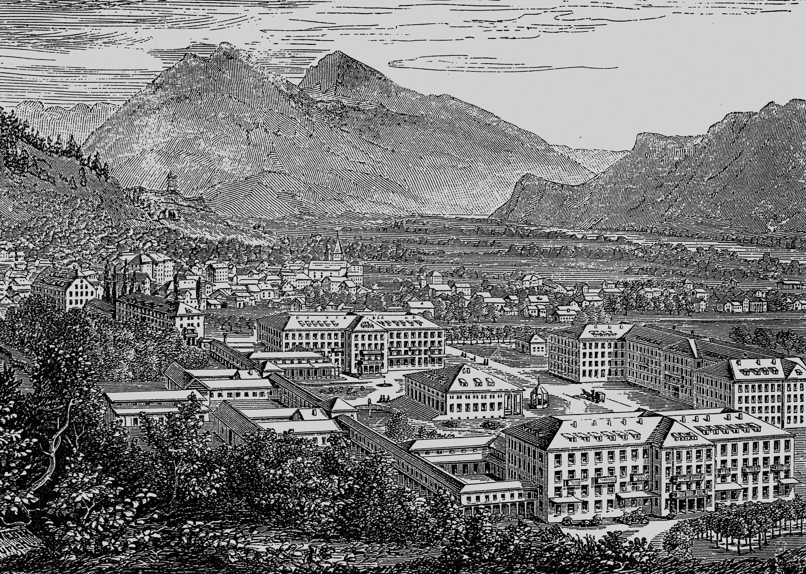 Das Gemälde des Kurortes Bad Ragaz ist in Grautönen gehalten. In diesem Kurort befindet sich das Hotel Grand Resort Bad Ragaz, einem Superior Luxusresort in der Schweiz.