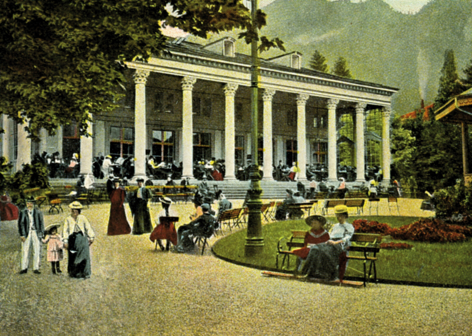 Eine alte Zeichnung vom Kursaal und dem Park im Grand Resort Bad Ragaz mit vielen Kurgästen.