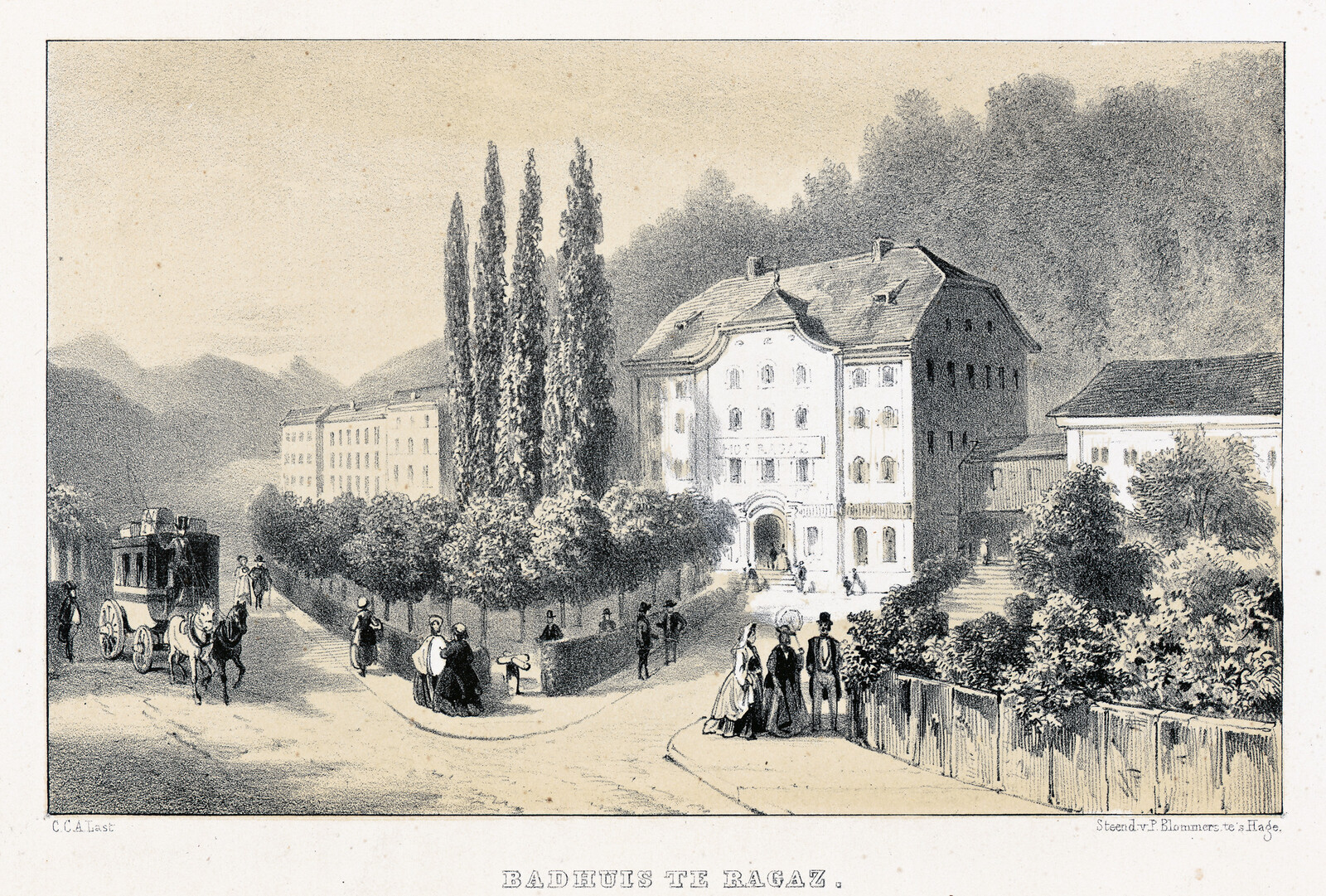Eine Zeichnung vom Hotel Hof und Palais des Grand Resorts Bad Ragaz mit Kurgästen und einer Kutsche aus dem Jahr 1850.