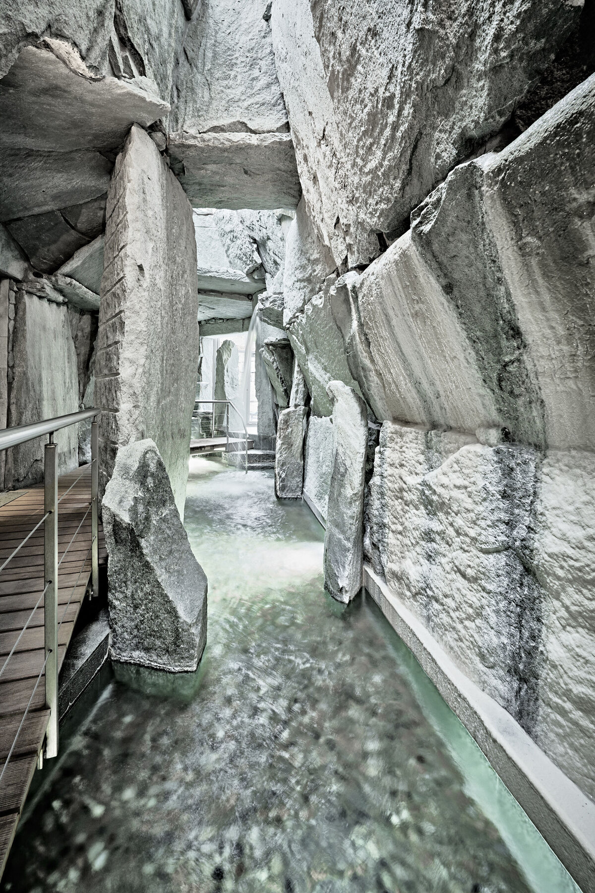 A Kneipp path between stone walls in the Tamina Gorge in Bad Ragaz.