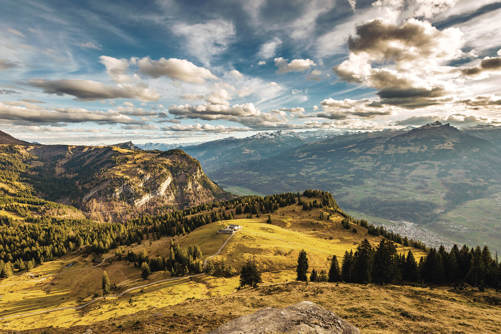 Alpenpanorama mit grüner herbstlicher Wiese und Blick auf das Heidiland.