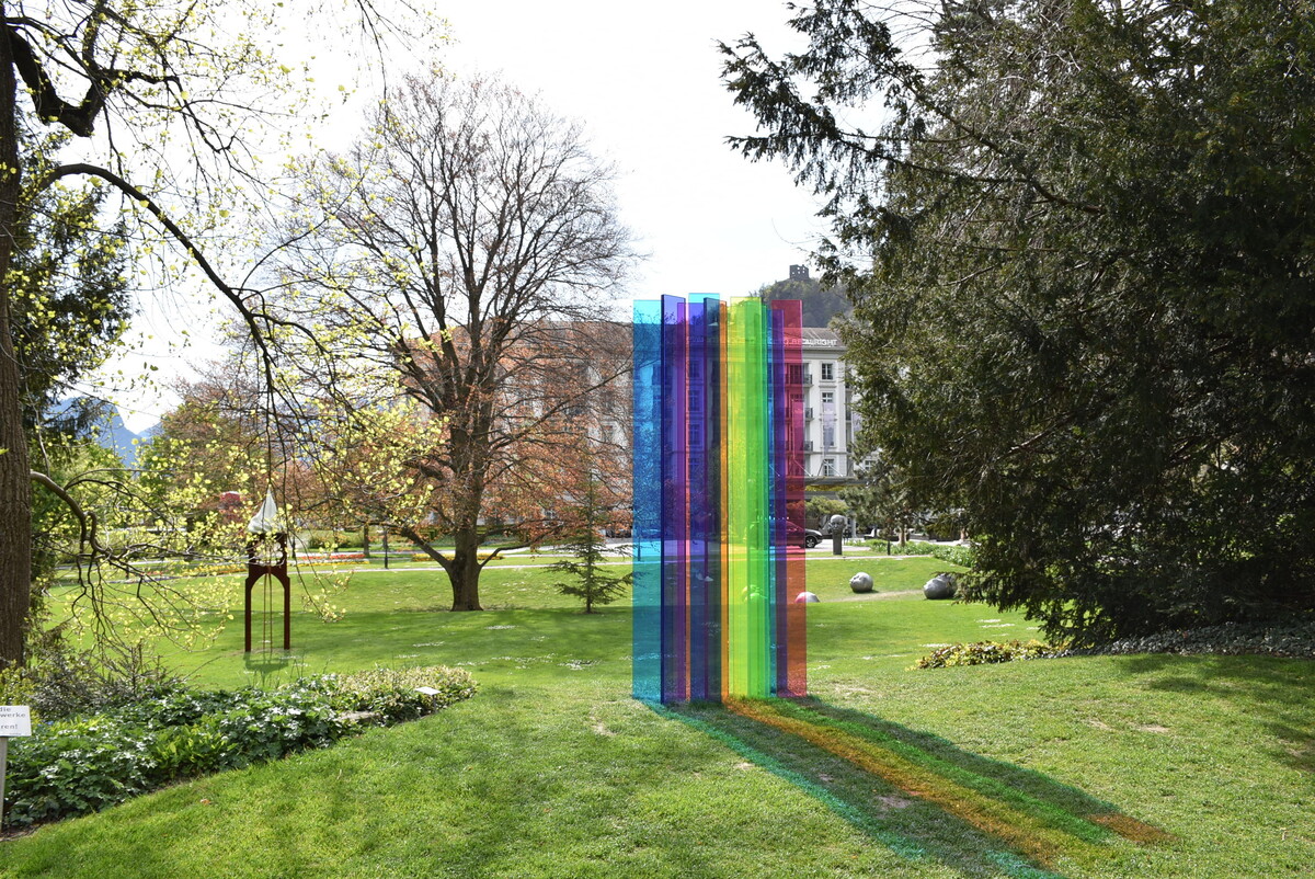 View of a sculpture in the gardens of the Grand Resort Bad Ragaz. The sculpture consists of colorful, translucent strips of exposide resin.