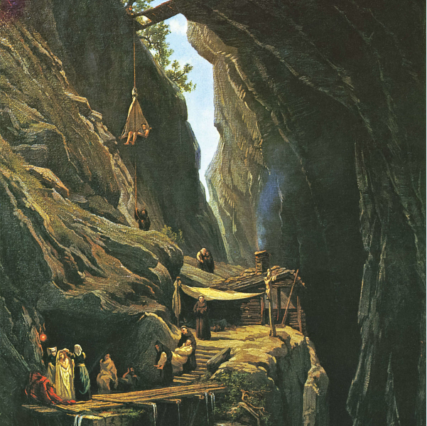 Ein Gemälde zeigt, wie die Badegäste in alten Zeiten mit einem Seil die Taminaschlucht hinunter gelassen wurden.