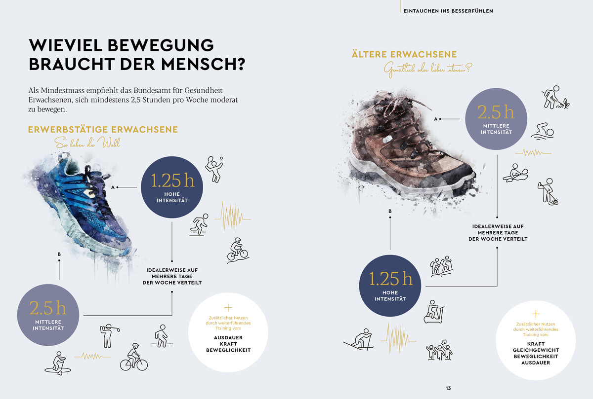 Eine Grafik zeigt das Mindestmass an Bewegung für erwerbstätige und ältere Erwachsene.