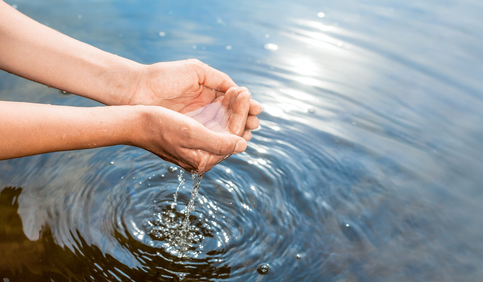 Zwei Hände schöpfen Wasser aus einem See.